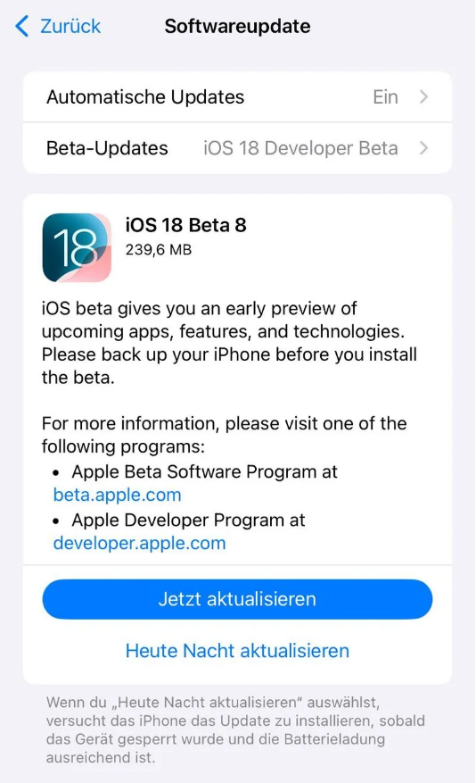 上虞苹果手机维修分享苹果 iOS / iPadOS 18 开发者预览版 Beta 8 发布 